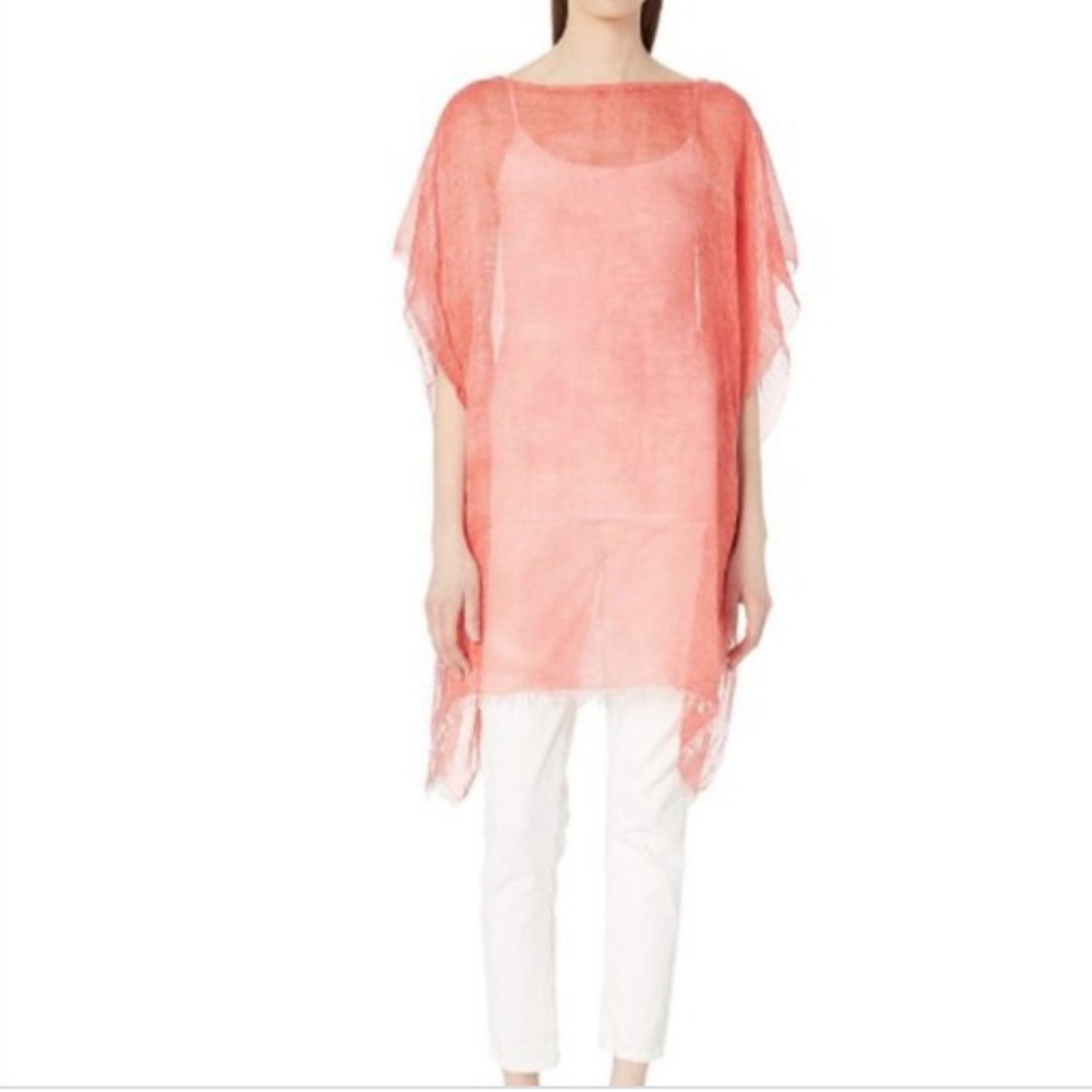 Eileen Fisher Peach‎ Sheer Tercel Plus Linen Blend Poncho With Raw Hems NWT OS